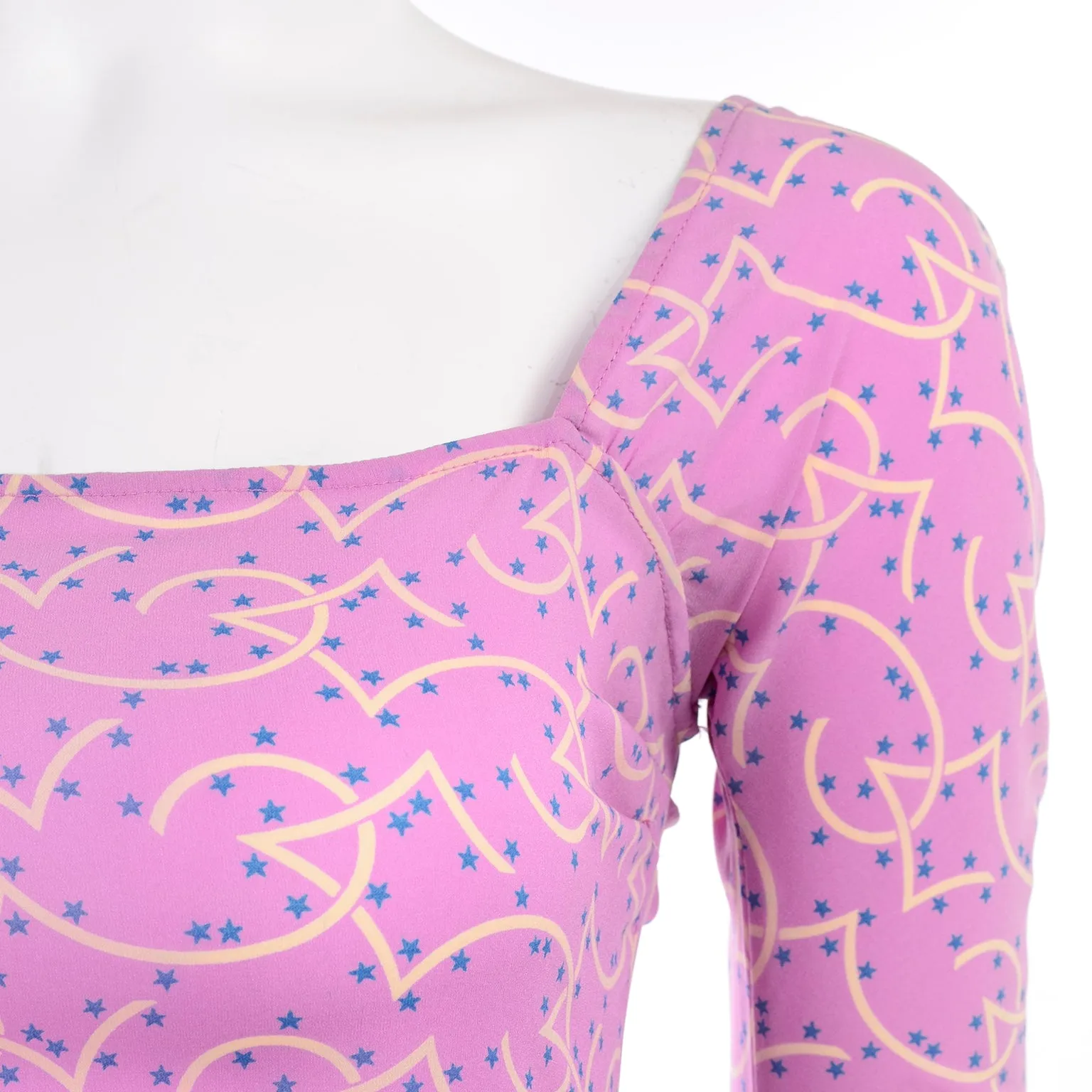 1998 Gianni Versace Couture Pink Silk Vintage Dress W Blue Stars