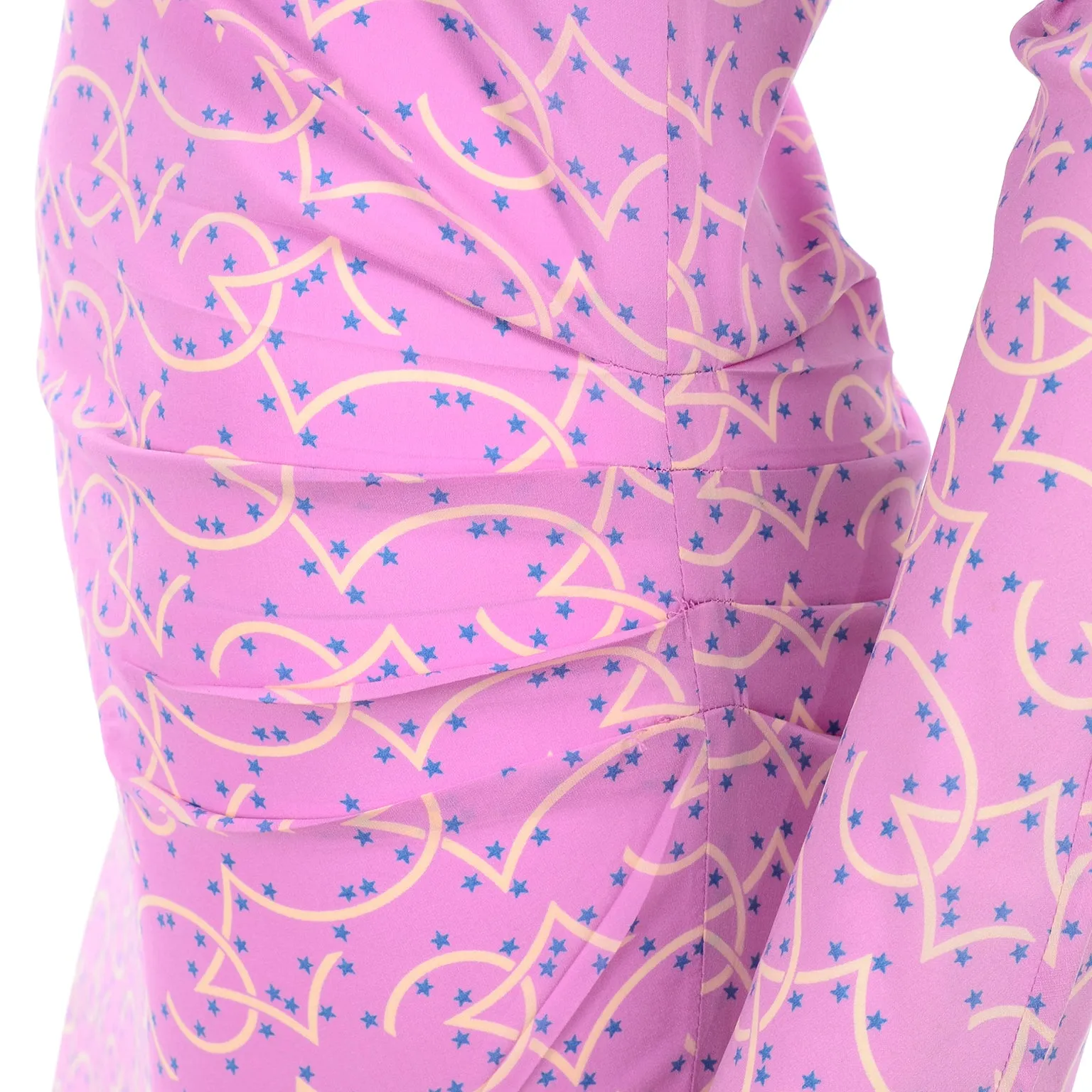 1998 Gianni Versace Couture Pink Silk Vintage Dress W Blue Stars