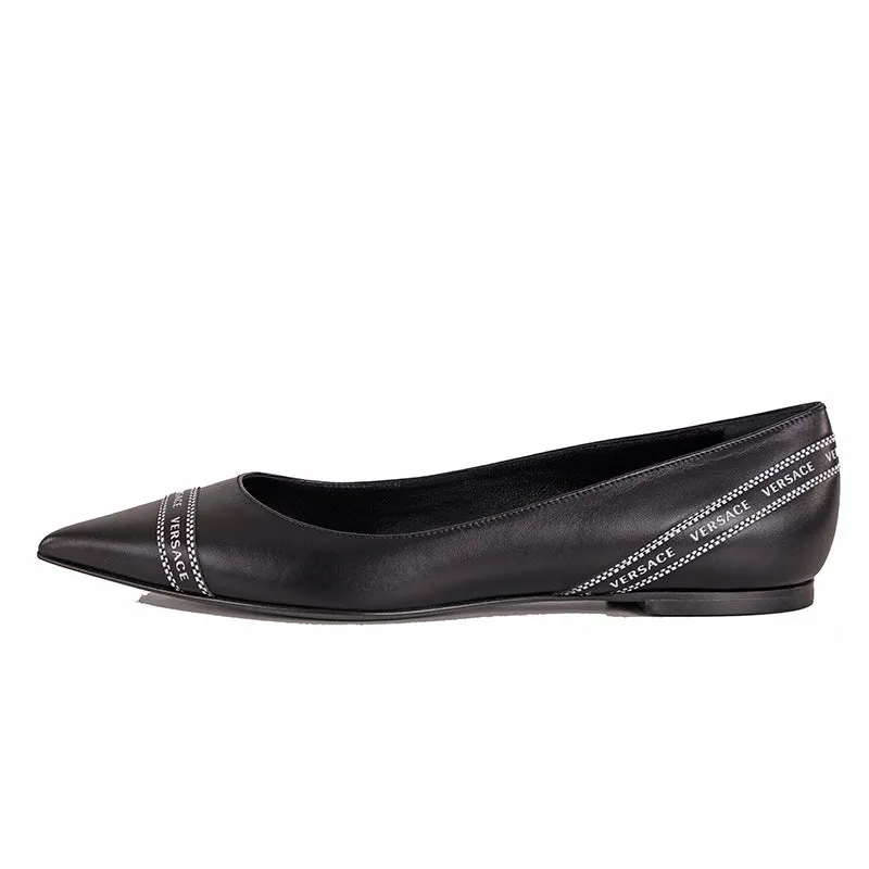 38 NEW $695 VERSACE Black Leather TICKER TAPE LOGO Pointed Toe BALLET FLATS