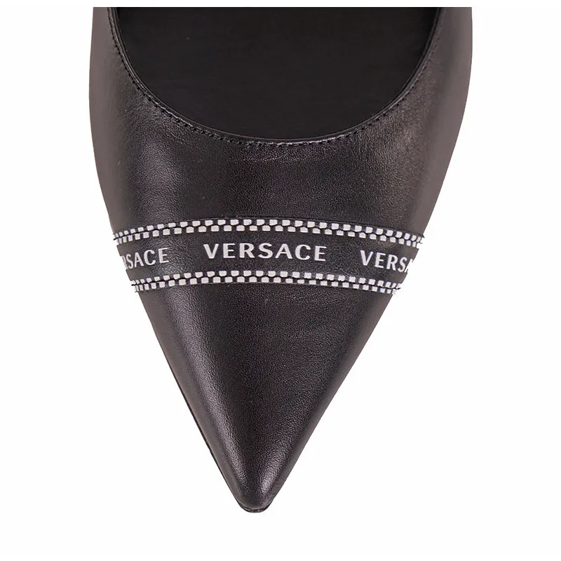 38 NEW $695 VERSACE Black Leather TICKER TAPE LOGO Pointed Toe BALLET FLATS