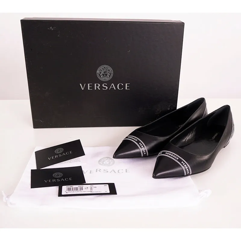 38 NEW $695 VERSACE Black Leather TICKER TAPE LOGO Pointed Toe BALLET FLATS