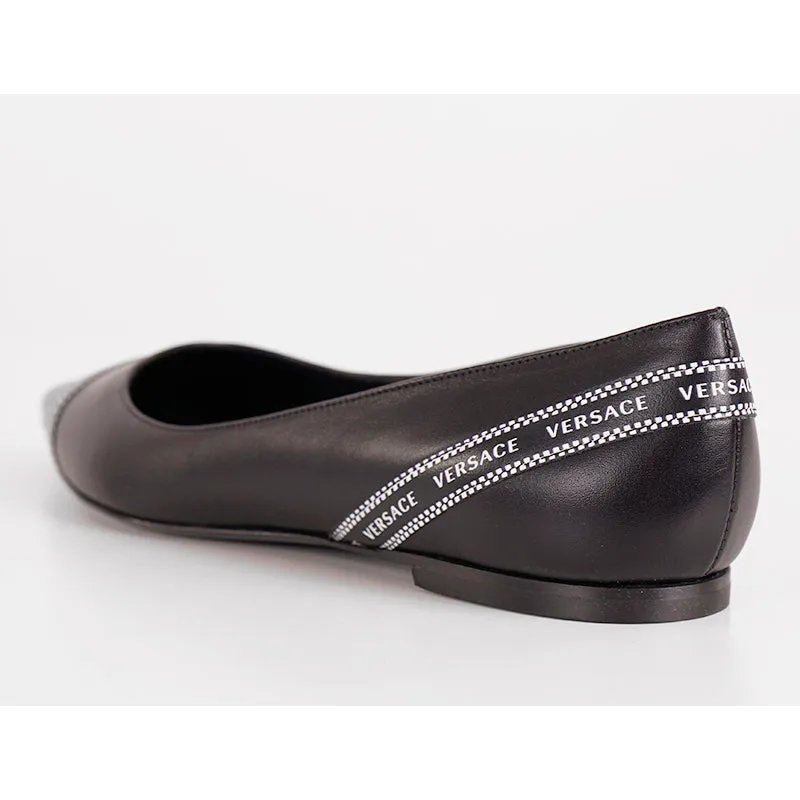38 NEW $695 VERSACE Black Leather TICKER TAPE LOGO Pointed Toe BALLET FLATS