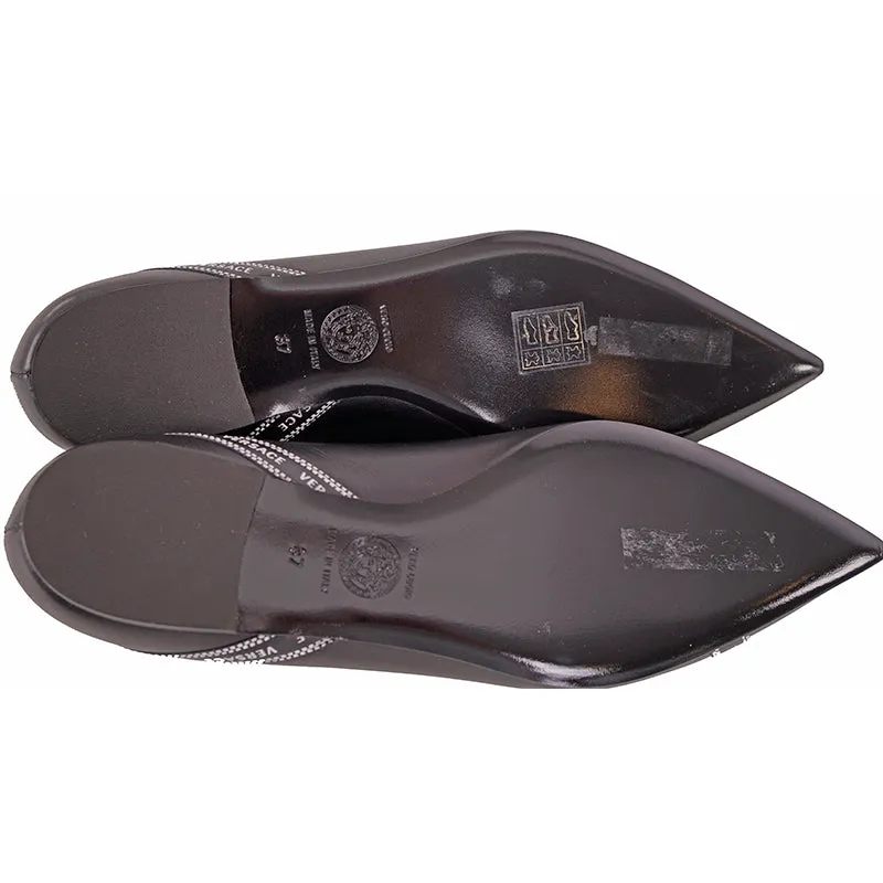 38 NEW $695 VERSACE Black Leather TICKER TAPE LOGO Pointed Toe BALLET FLATS