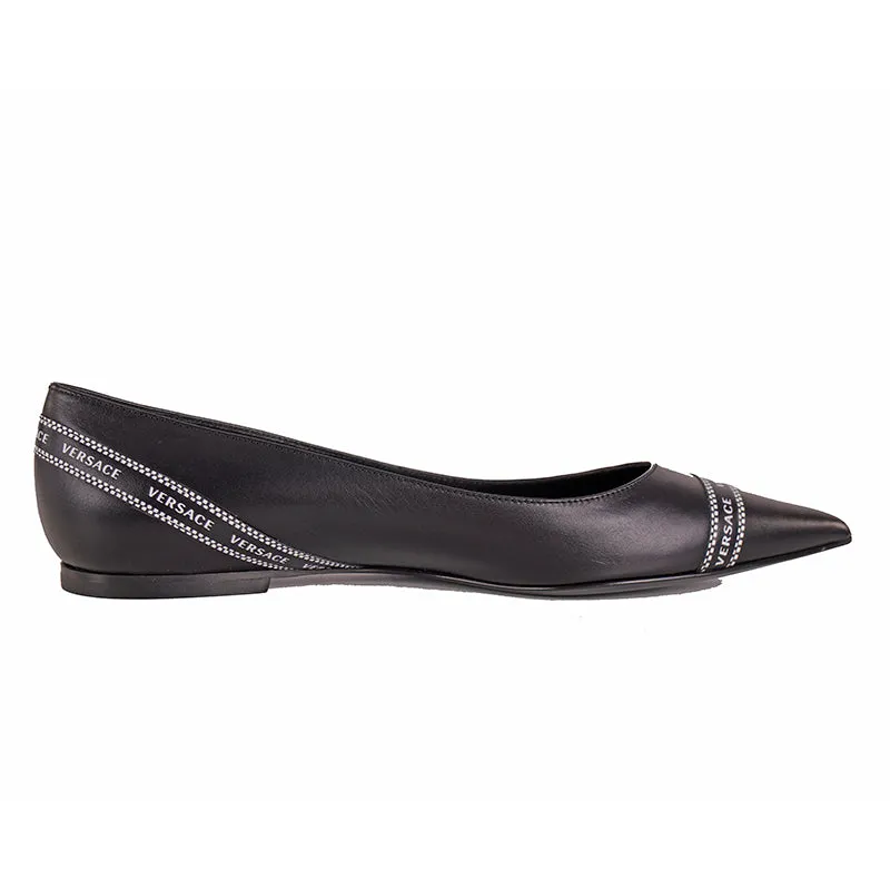 38 NEW $695 VERSACE Black Leather TICKER TAPE LOGO Pointed Toe BALLET FLATS