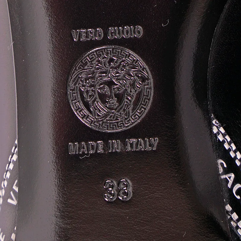 38 NEW $695 VERSACE Black Leather TICKER TAPE LOGO Pointed Toe BALLET FLATS