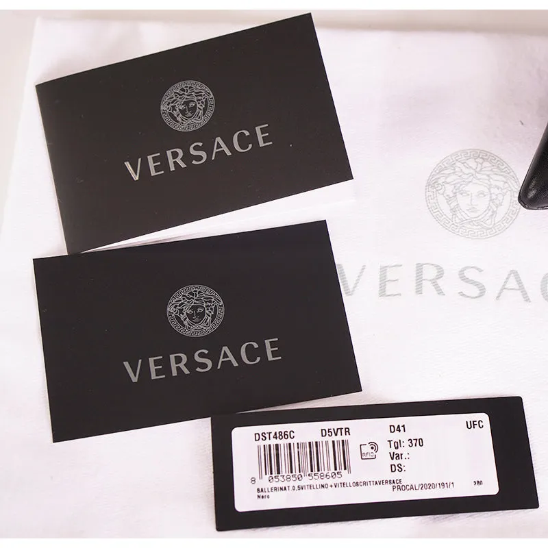 38 NEW $695 VERSACE Black Leather TICKER TAPE LOGO Pointed Toe BALLET FLATS
