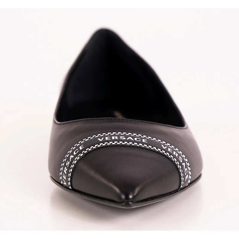38 NEW $695 VERSACE Black Leather TICKER TAPE LOGO Pointed Toe BALLET FLATS