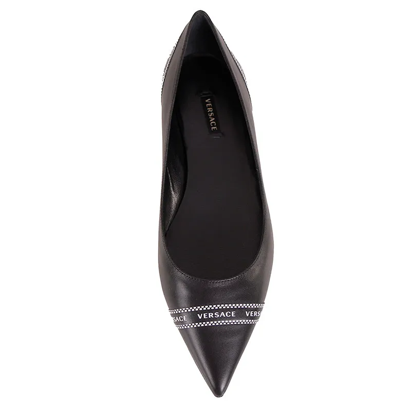 38 NEW $695 VERSACE Black Leather TICKER TAPE LOGO Pointed Toe BALLET FLATS