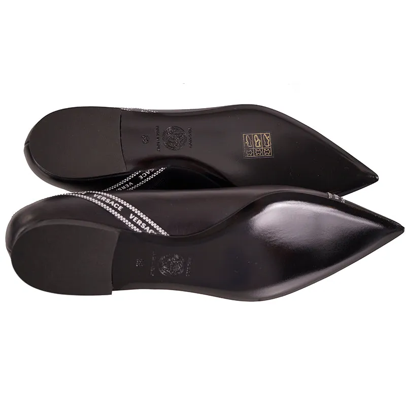 38 NEW $695 VERSACE Black Leather TICKER TAPE LOGO Pointed Toe BALLET FLATS