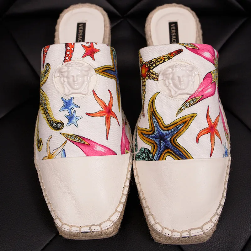 38.5 NEW $495 VERSACE Tresor de la Mer Canvas Leather LA MEDUSA Espadrille MULES