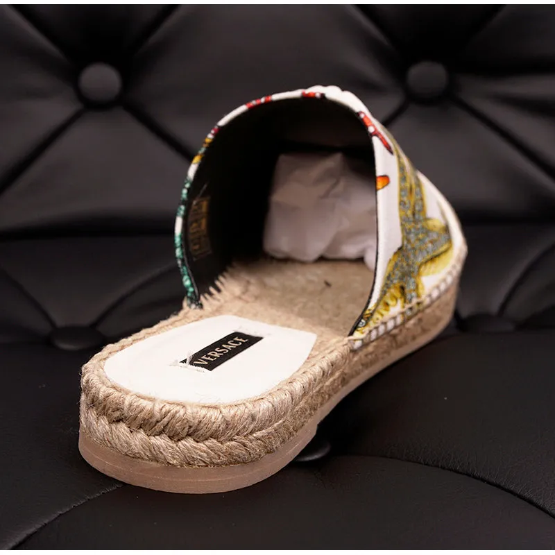 38.5 NEW $495 VERSACE Tresor de la Mer Canvas Leather LA MEDUSA Espadrille MULES