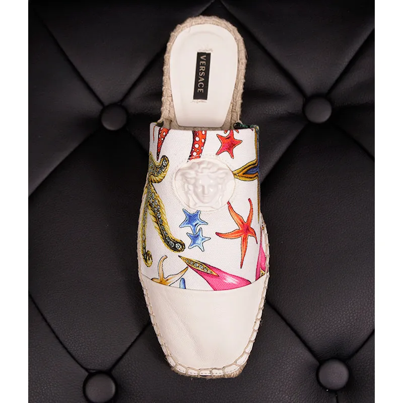 38.5 NEW $495 VERSACE Tresor de la Mer Canvas Leather LA MEDUSA Espadrille MULES