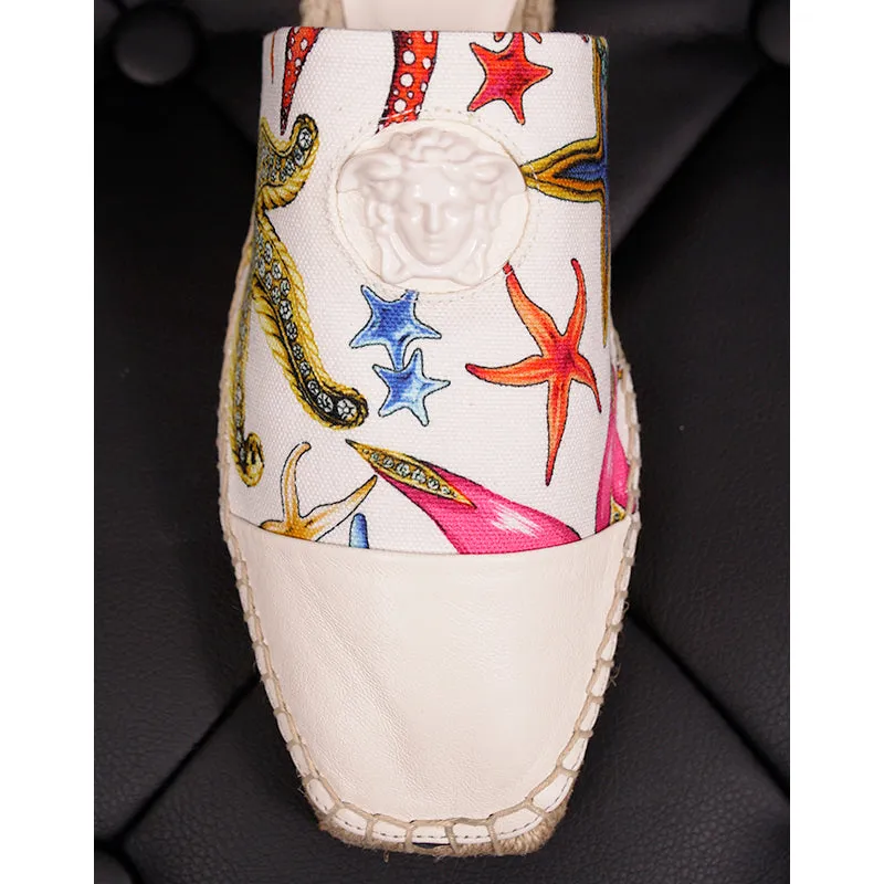 38.5 NEW $495 VERSACE Tresor de la Mer Canvas Leather LA MEDUSA Espadrille MULES
