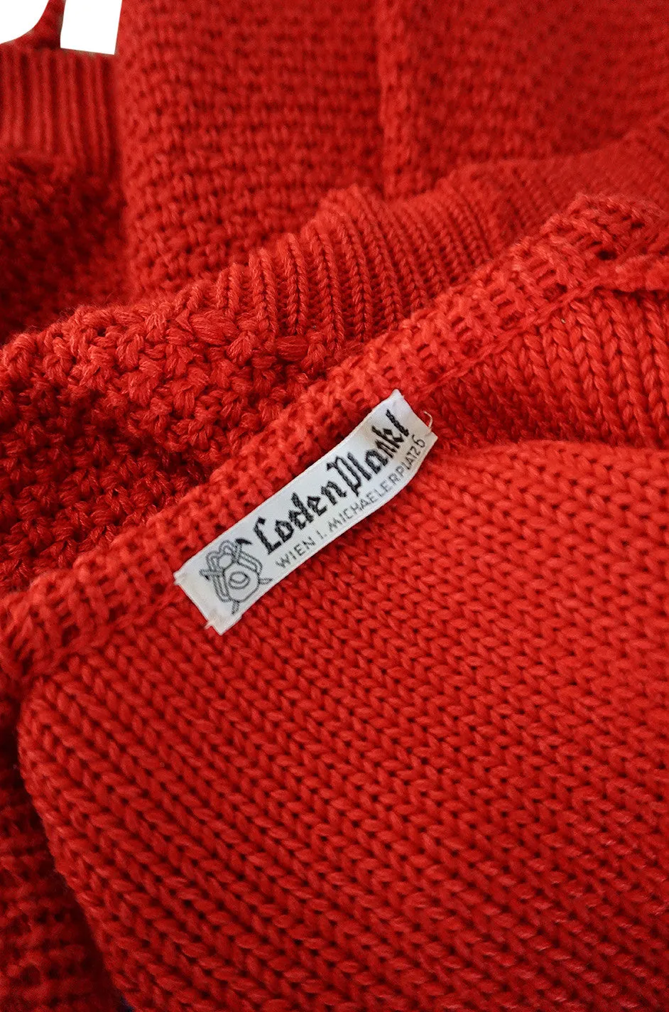 Adorable 1950s Hand Knit Red Floral Detail Sweater
