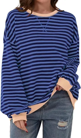 AlvaQ Womens Oversized Sweatshirt 2024 Casual Crewneck Long Sleeve Colorblock Striped Pullover Tunic Tops Outfits