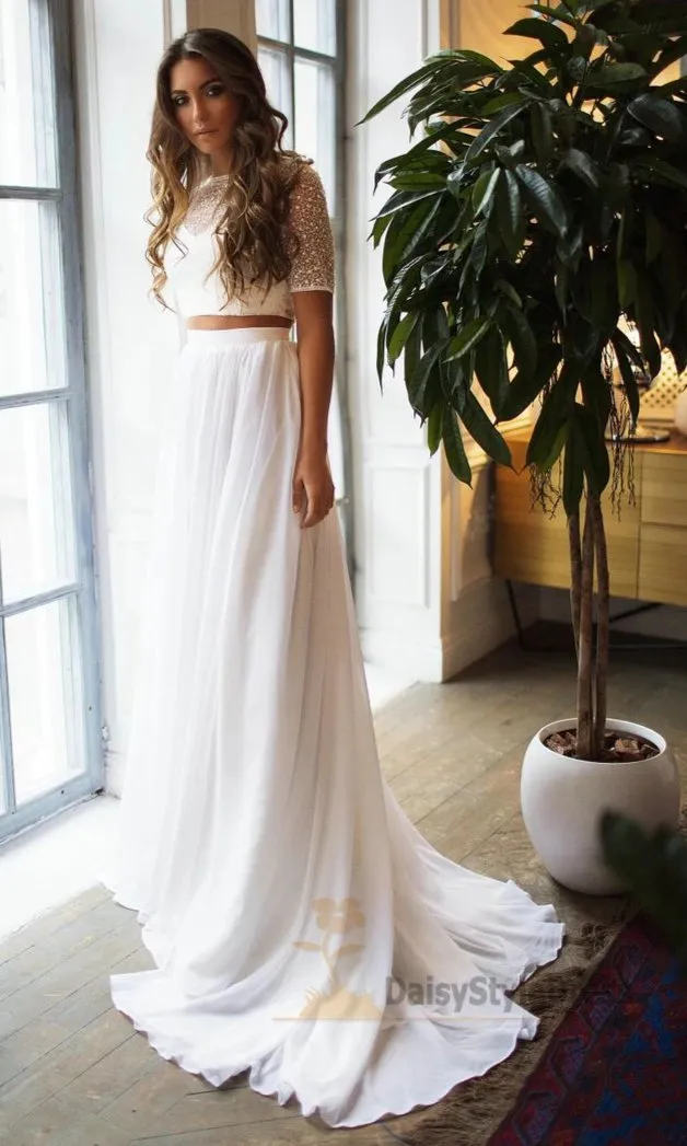Beaded Half Sleeve Two Piece Wedding Dress