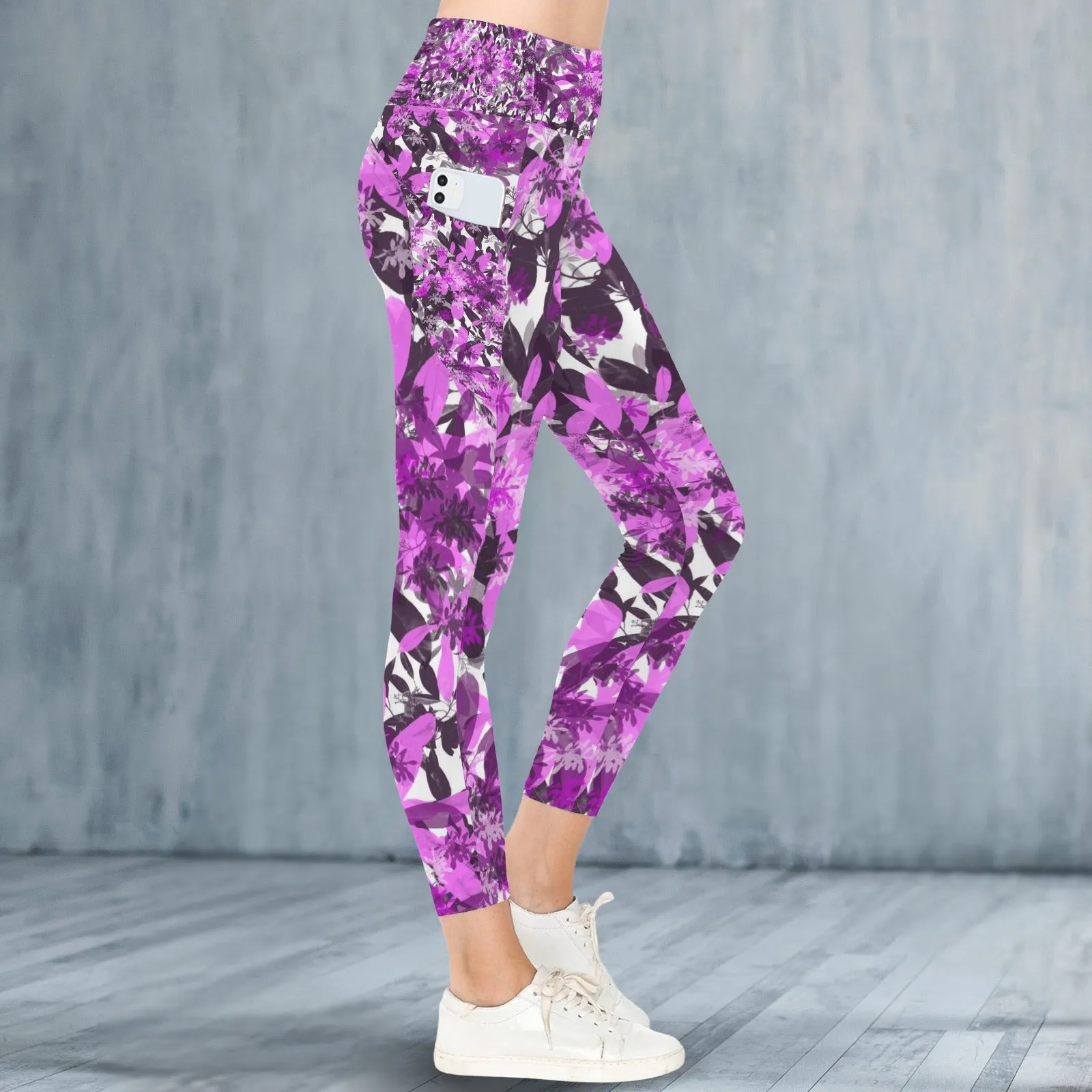 Black & Pink Leaves Leggings with Pockets up to 5 XL (FWS)