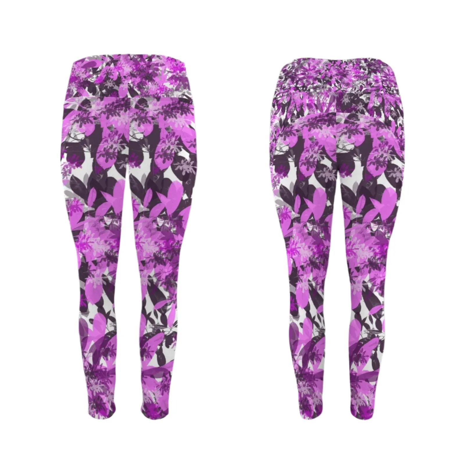Black & Pink Leaves Leggings with Pockets up to 5 XL (FWS)