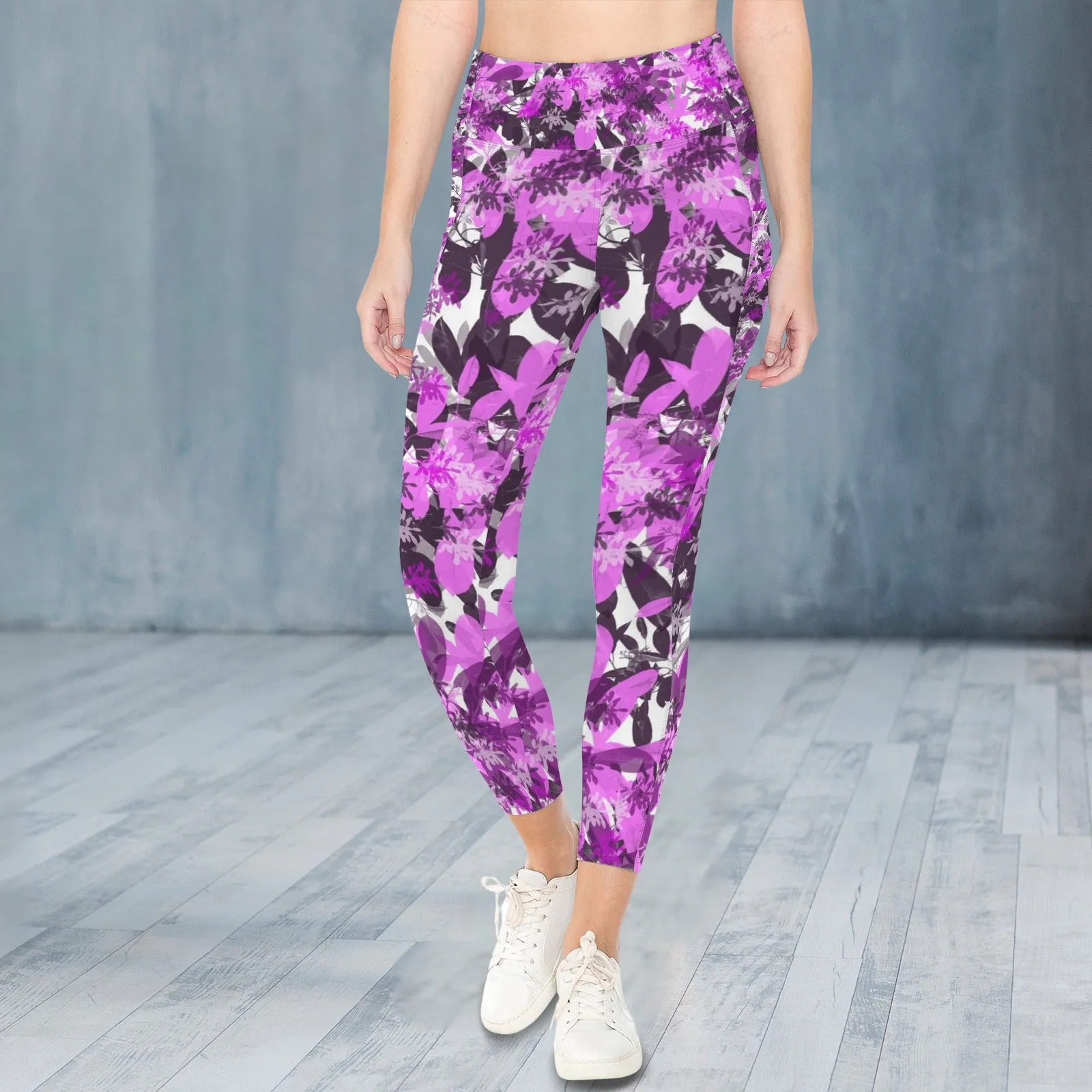 Black & Pink Leaves Leggings with Pockets up to 5 XL (FWS)