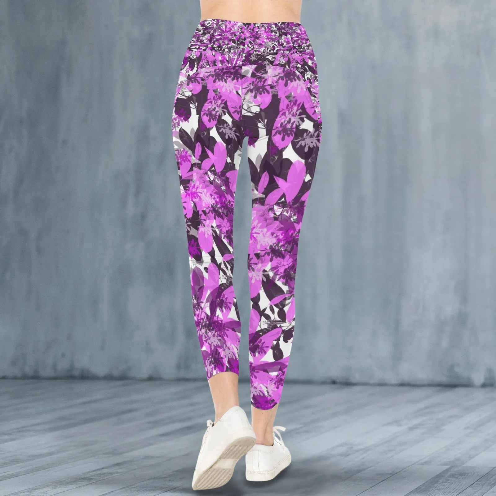 Black & Pink Leaves Leggings with Pockets up to 5 XL (FWS)