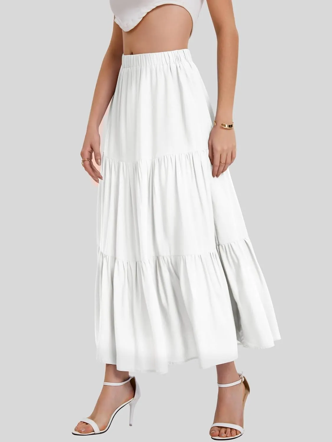Bloggerlove Tiered Maxi Skirts for Women Trendy Summer Long Flowy Skirt Boho Beach Skirts with Pockets XS-XL
