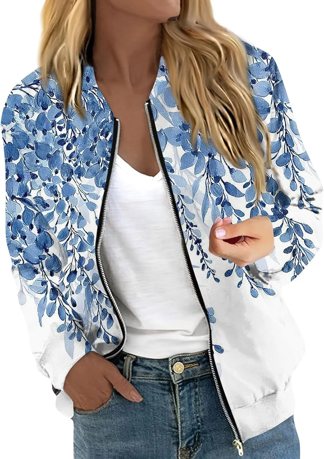 Bomber Jacket Women 2024 Casual Floral Lightweight Oversized Windbreaker Trendy Zip Up Coat Outwear with Pockets