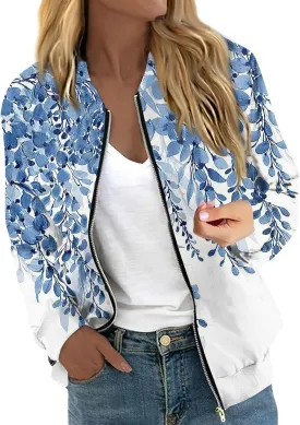 Bomber Jacket Women 2024 Casual Floral Lightweight Oversized Windbreaker Trendy Zip Up Coat Outwear with Pockets