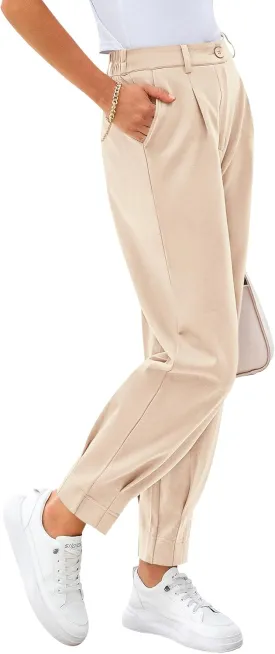 CFLONGE Women's Summer High Waisted Pants for Women 2025 Casual Ankle Length Pant for Work Office Trouser Slacks with Pockets