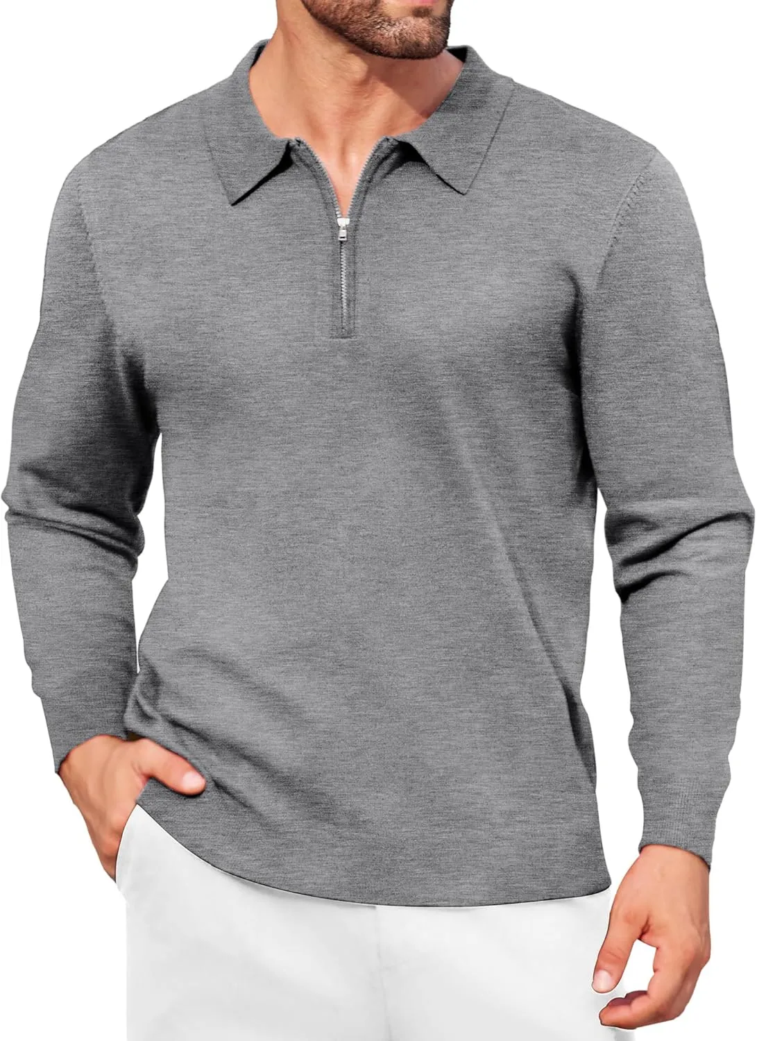 COOFANDY Mens Knit Polo Shirt Quarter Zip Slim Fit Pullover Long Sleeve Sweater Polo