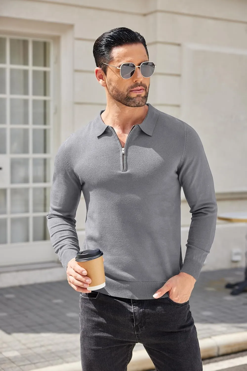 COOFANDY Mens Knit Polo Shirt Quarter Zip Slim Fit Pullover Long Sleeve Sweater Polo
