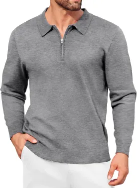 COOFANDY Mens Knit Polo Shirt Quarter Zip Slim Fit Pullover Long Sleeve Sweater Polo