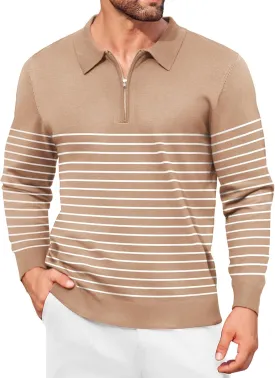 COOFANDY Mens Knit Polo Shirt Quarter Zip Slim Fit Pullover Long Sleeve Sweater Polo