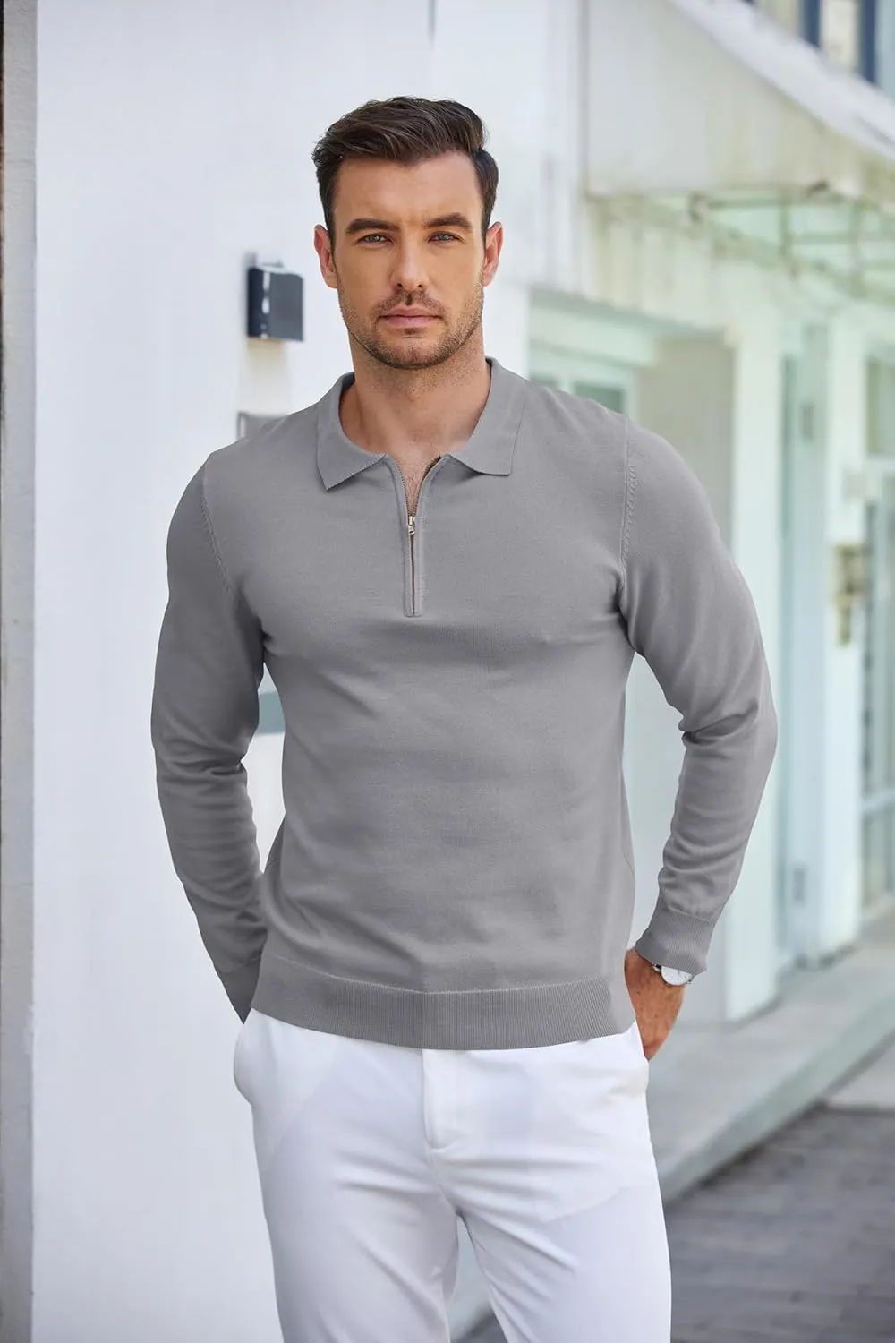 COOFANDY Mens Knit Polo Shirt Quarter Zip Slim Fit Pullover Long Sleeve Sweater Polo