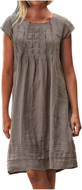 Ctreela 3/4 Sleeve Cotton Linen Lounge Dress Women's Casual V-Neck Midi Dresses Bohemian Sundress Loose Beach Dress