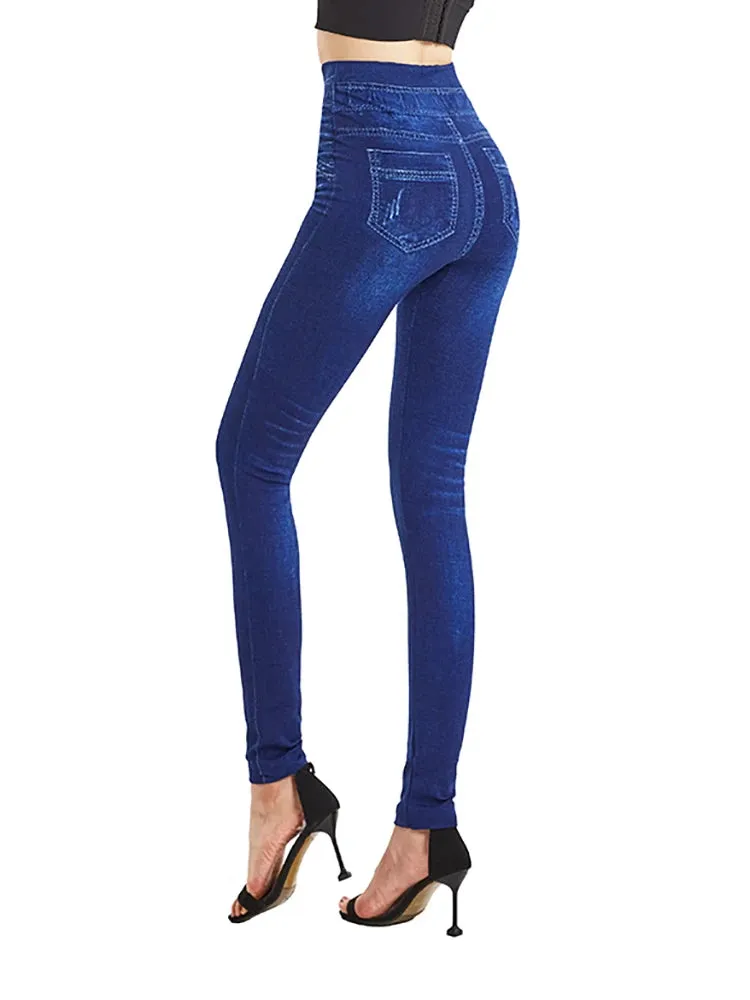 CUHAKCI Fashion Slim Faux Denim Jeans Women Leggings For Fitness Workout Pocket Printing Casual Long Pencil Pants S-3X