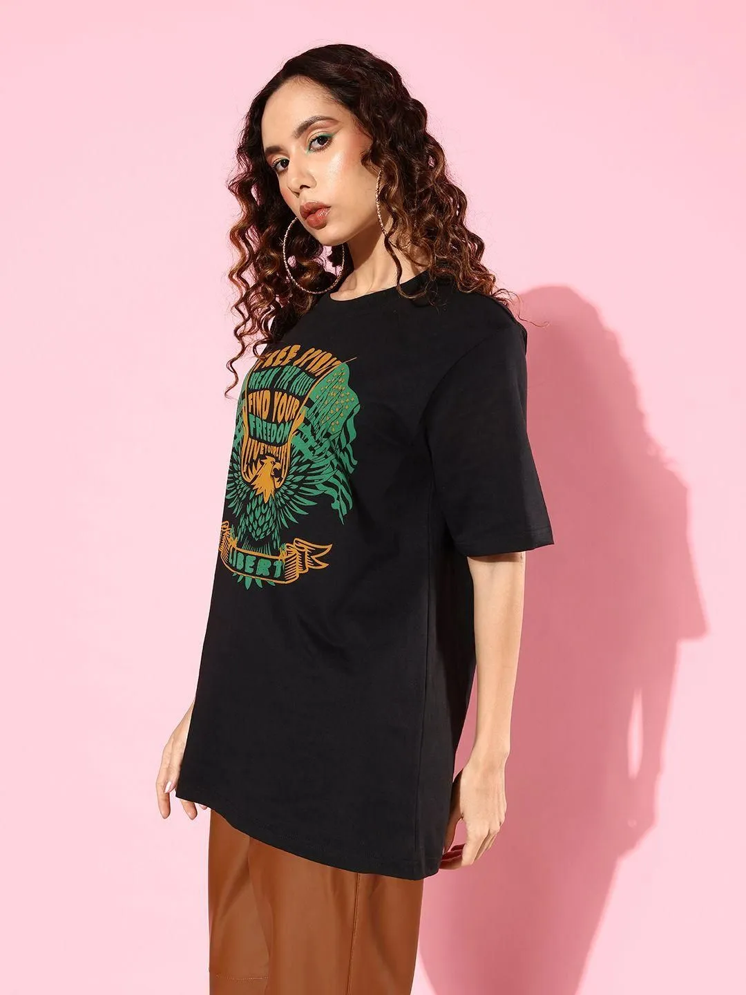 Difference of Opinion Cotton Black Graphic Oversized T-Shirt for Women's
