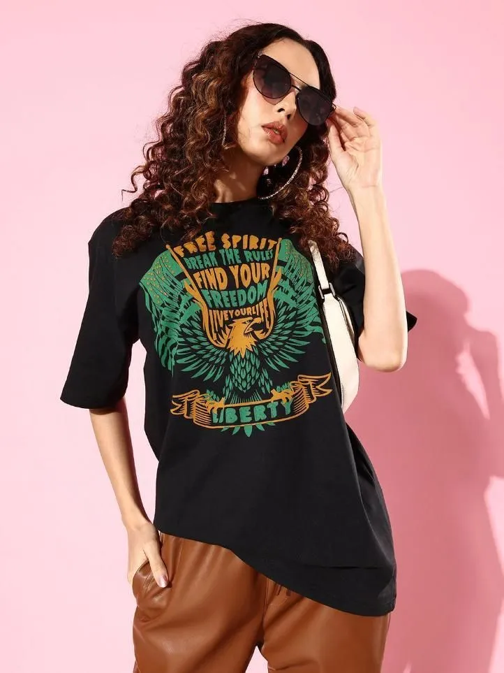 Difference of Opinion Cotton Black Graphic Oversized T-Shirt for Women's