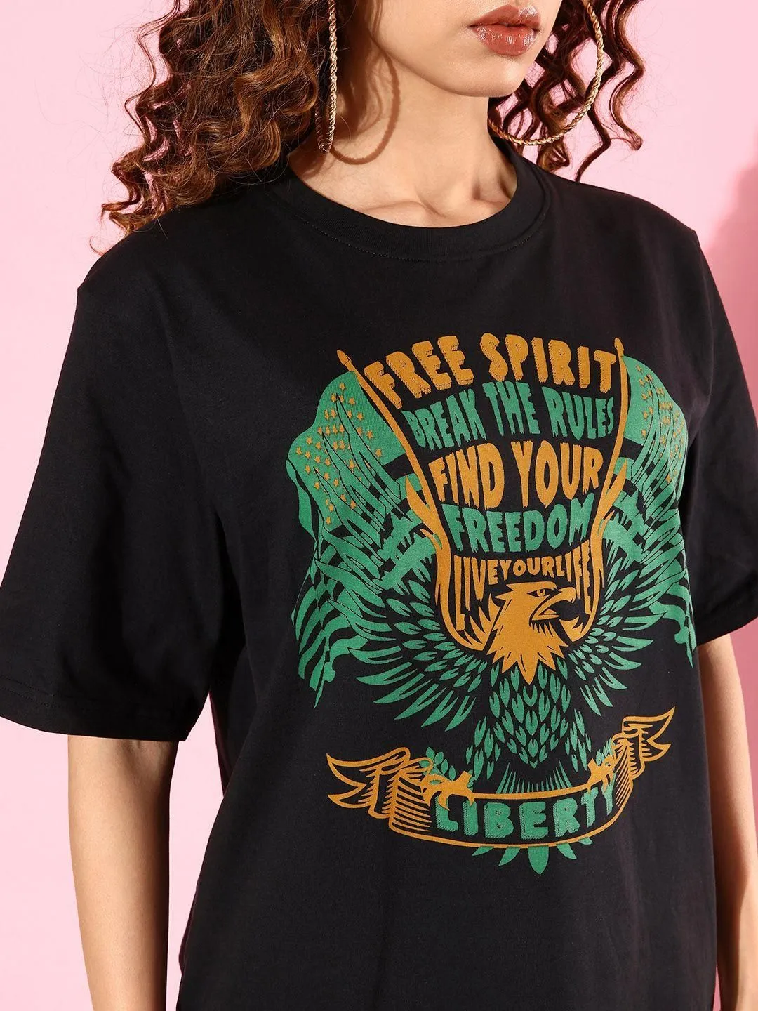 Difference of Opinion Cotton Black Graphic Oversized T-Shirt for Women's