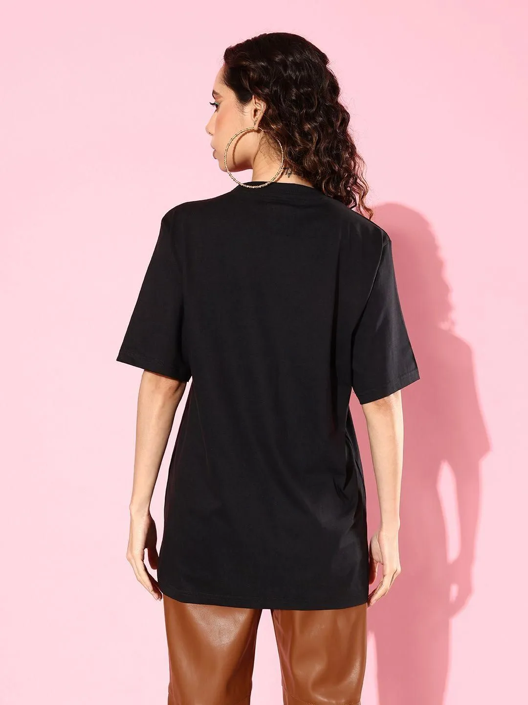 Difference of Opinion Cotton Black Graphic Oversized T-Shirt for Women's