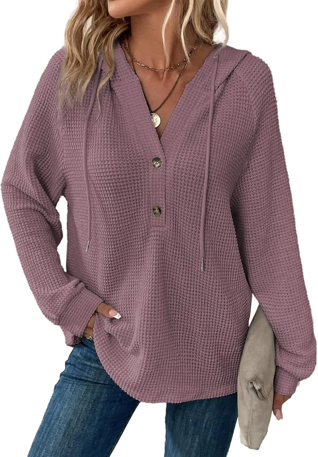 Dokotoo Hoodies for Women Waffle Knit Long Sleeve Drawstring Button V Neck Casual Pullover Sweatshirt Hooded Tops