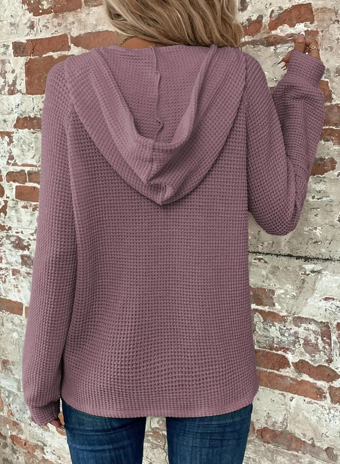 Dokotoo Hoodies for Women Waffle Knit Long Sleeve Drawstring Button V Neck Casual Pullover Sweatshirt Hooded Tops