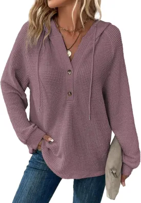 Dokotoo Hoodies for Women Waffle Knit Long Sleeve Drawstring Button V Neck Casual Pullover Sweatshirt Hooded Tops