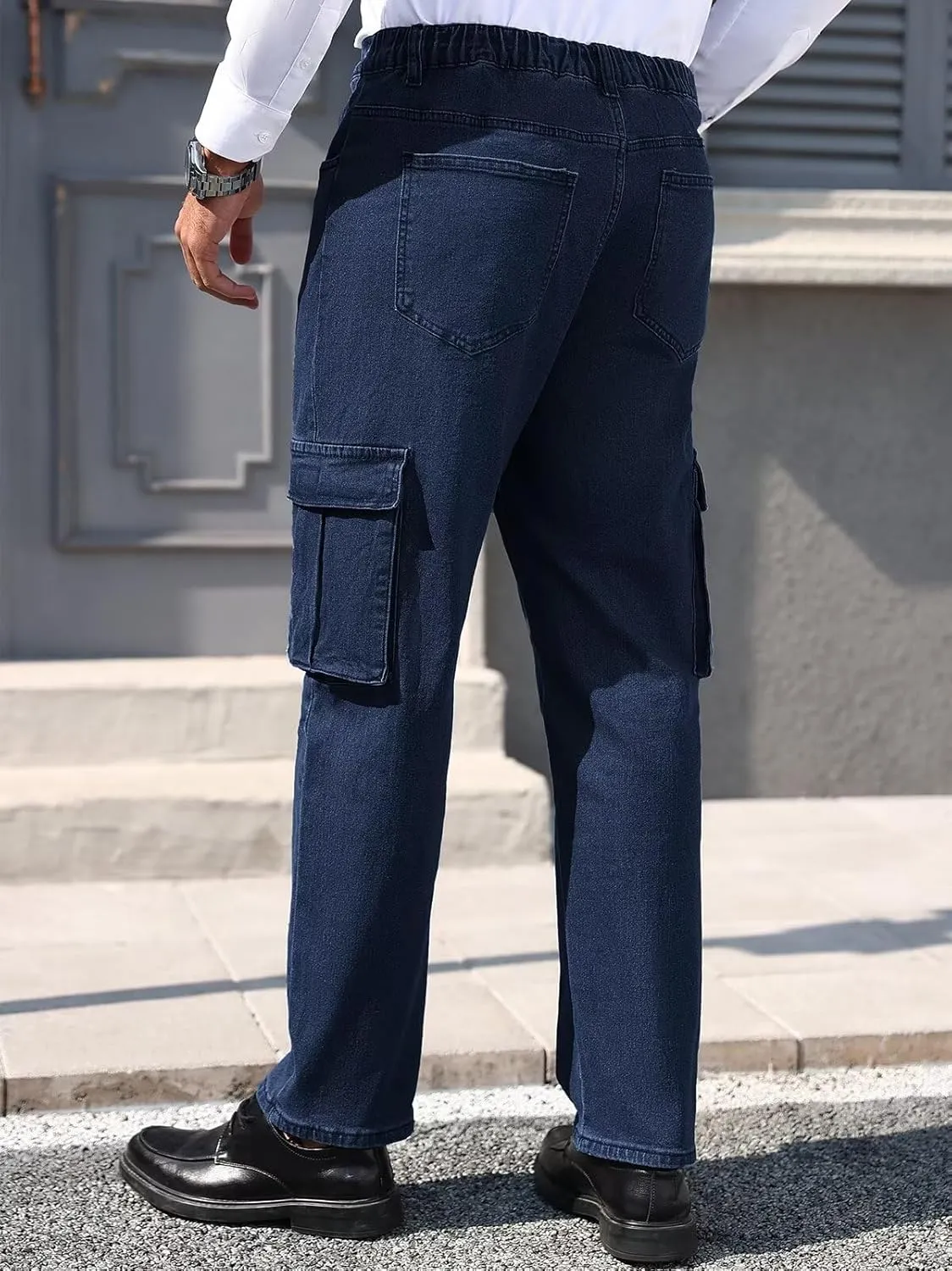 EDITCOZY Men's Cargo Jeans Elastic Waist 6 Pockets Loose Fit Carpenter Jeans Straight Leg Relaxed Fit Pants