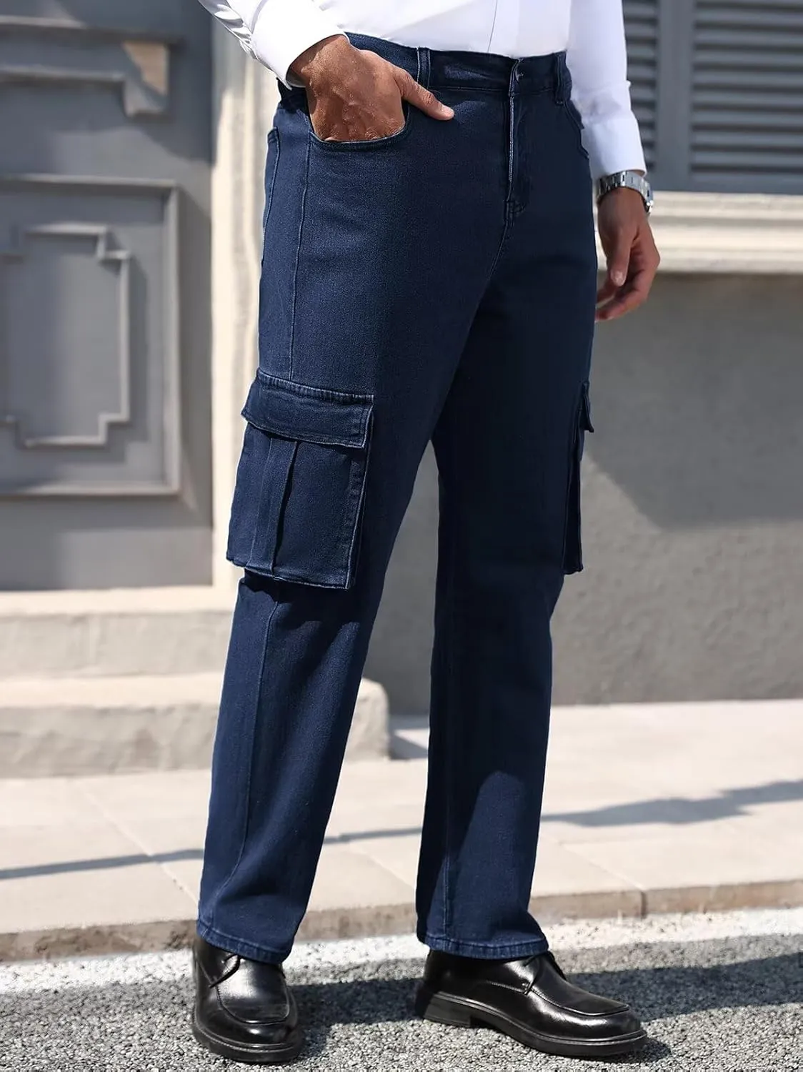 EDITCOZY Men's Cargo Jeans Elastic Waist 6 Pockets Loose Fit Carpenter Jeans Straight Leg Relaxed Fit Pants