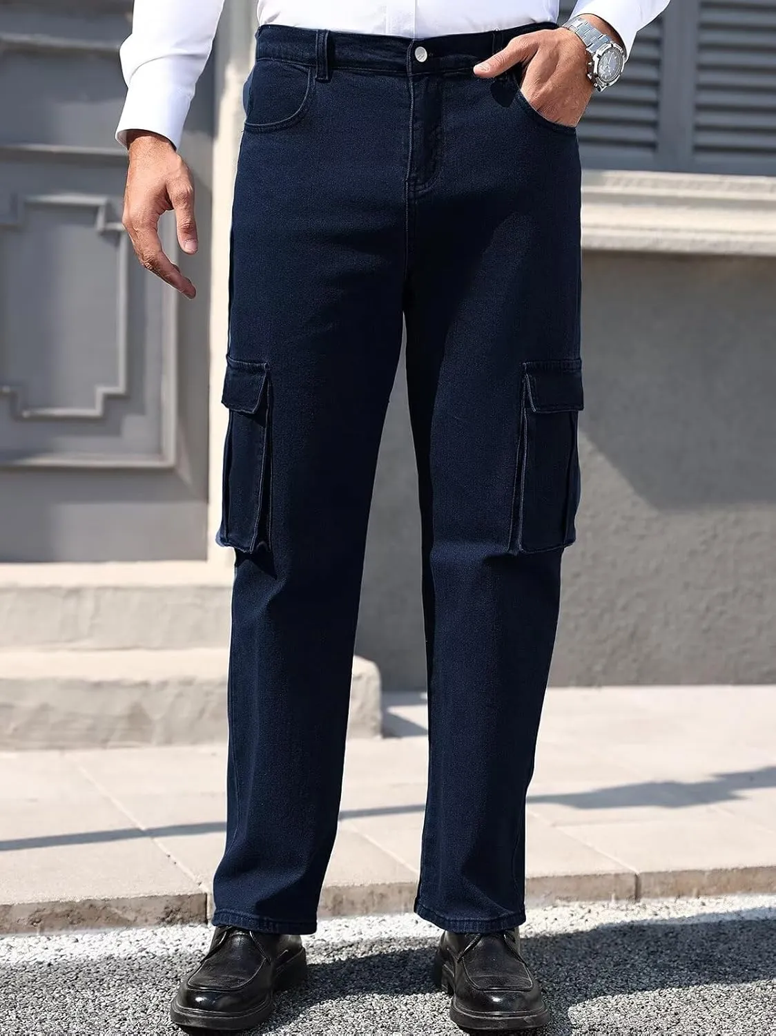 EDITCOZY Men's Cargo Jeans Elastic Waist 6 Pockets Loose Fit Carpenter Jeans Straight Leg Relaxed Fit Pants