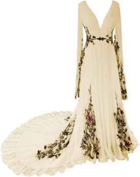 Embroidery Lace Floral Wedding Dresses for Bride 2024 Chiffon Long Sleeve V Neck Boho Bridal Gowns with Train