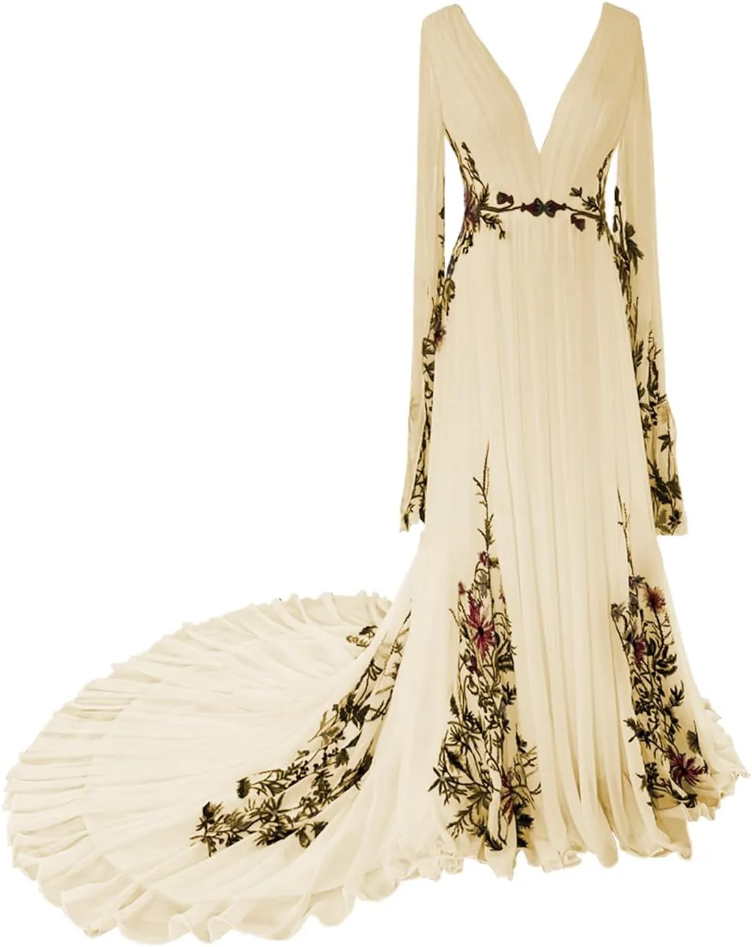 Embroidery Lace Floral Wedding Dresses for Bride 2024 Chiffon Long Sleeve V Neck Boho Bridal Gowns with Train