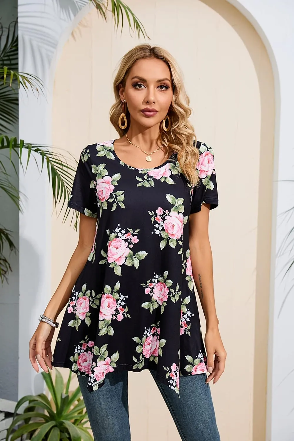 ENMAIN Tunic Tops for Women Plus Size Short Sleeve Top Loose Fit Dressy Casual Swing Summer Tunics Tops to Wear with Leggings