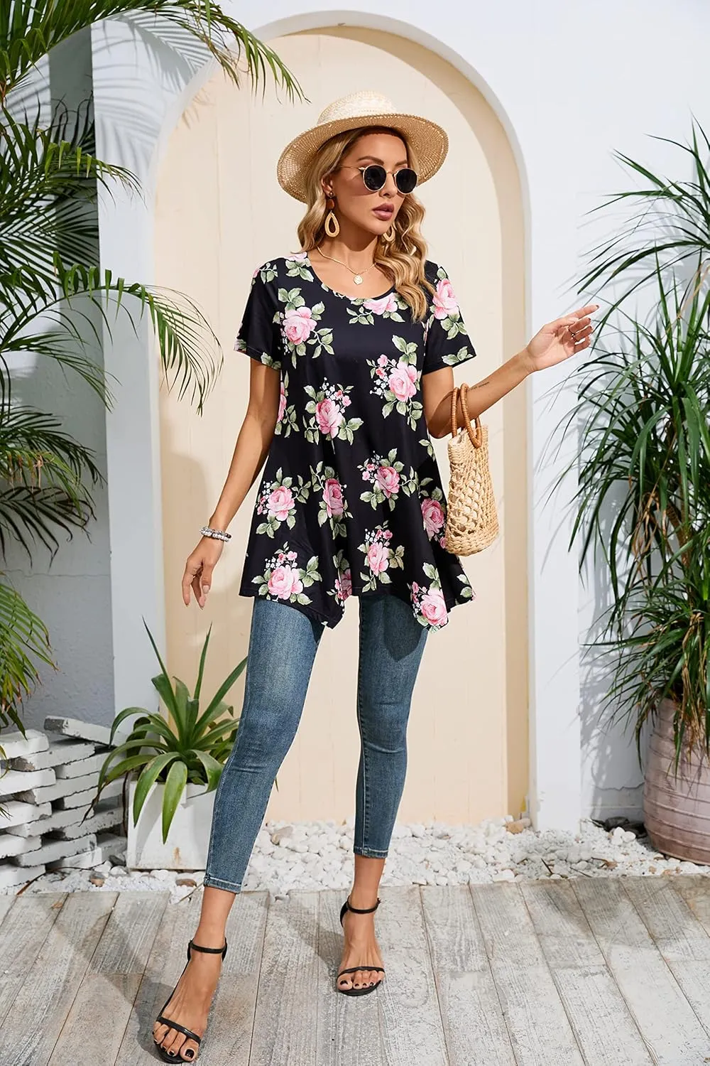 ENMAIN Tunic Tops for Women Plus Size Short Sleeve Top Loose Fit Dressy Casual Swing Summer Tunics Tops to Wear with Leggings