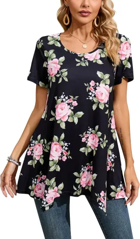 ENMAIN Tunic Tops for Women Plus Size Short Sleeve Top Loose Fit Dressy Casual Swing Summer Tunics Tops to Wear with Leggings